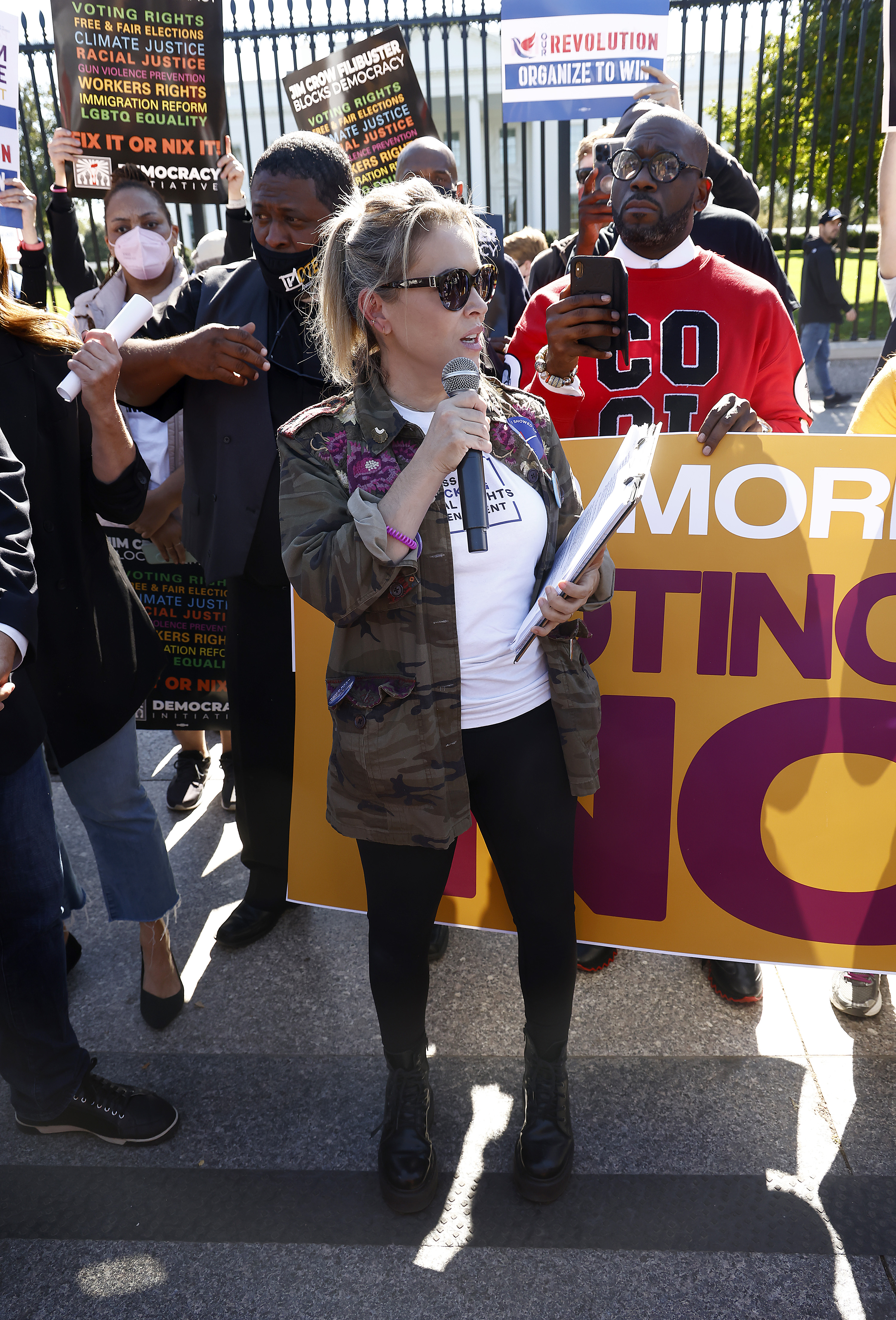 Alyssa Milano speaks at the "No More Excuses: Voting Rights Now" rally held in front of The White House in Washington, DC, on October 19, 2021. | Source: Getty Images