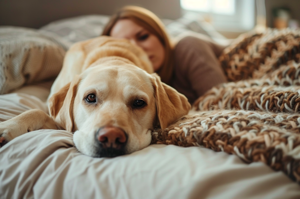 A dog lying on the bed with a sickly woman | Source: MidJourney