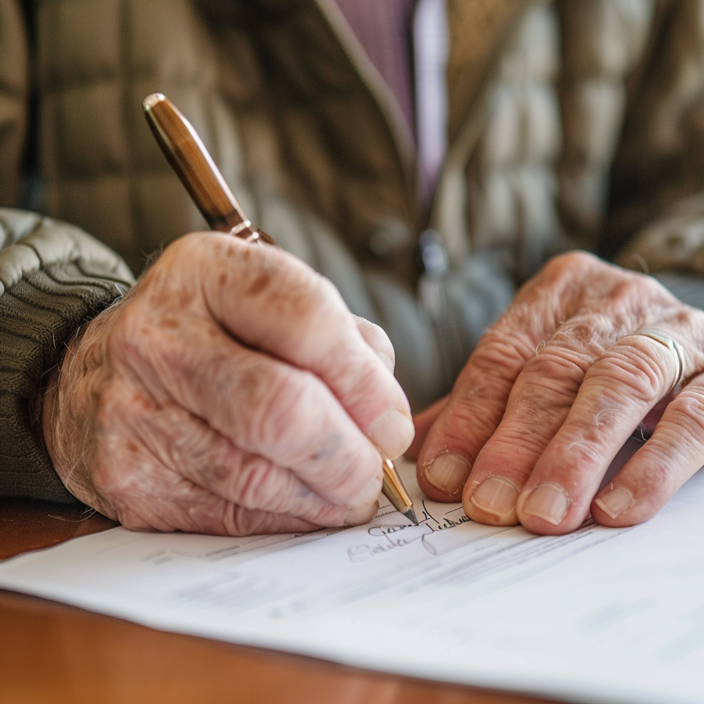 A closeup shot of an elderly man signing a will | Source: Midjourney