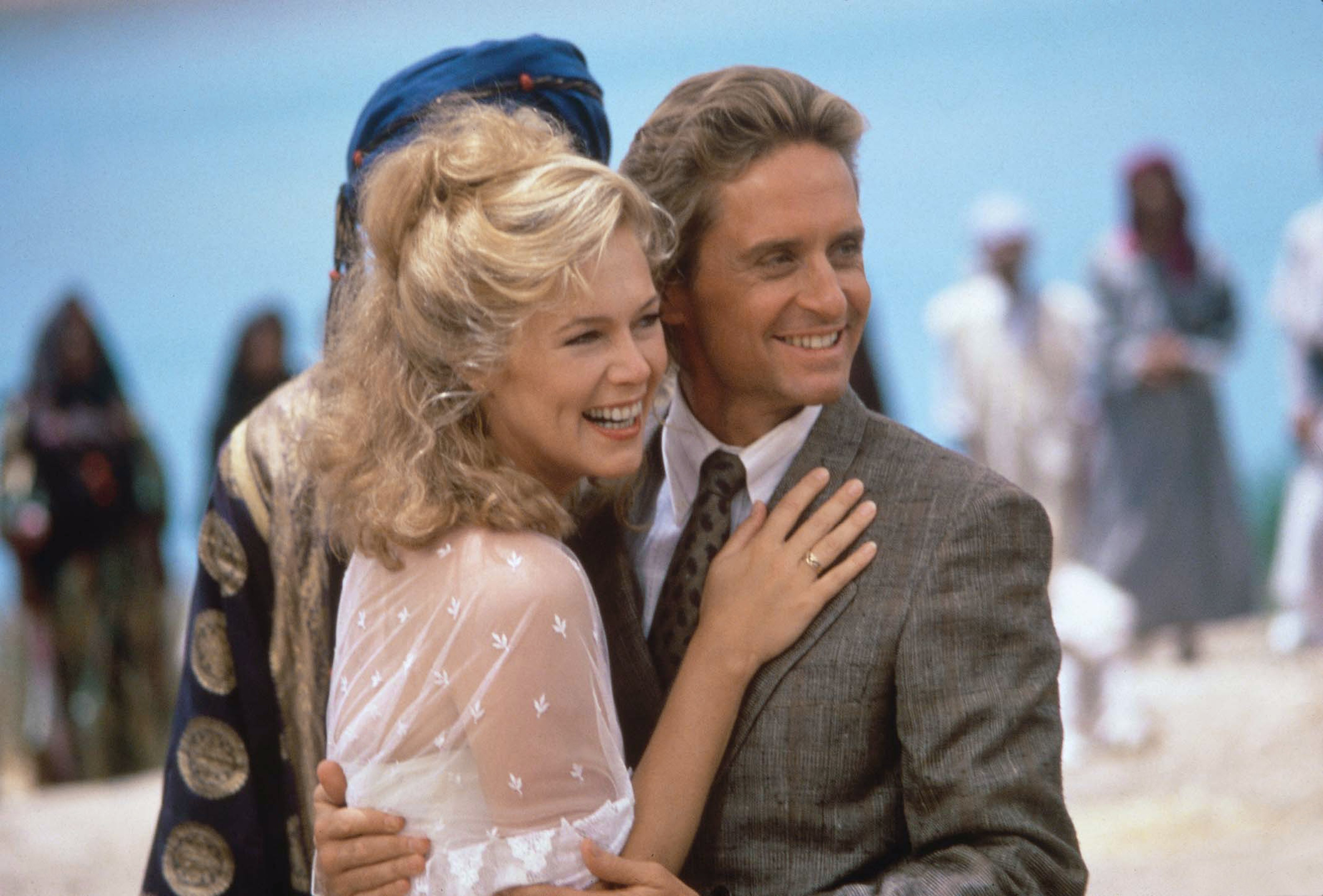 Michael Douglas and  Kathleen Turner on the set of The Jewel of the Nile directed by Lewis Teague. | Source: Getty Images