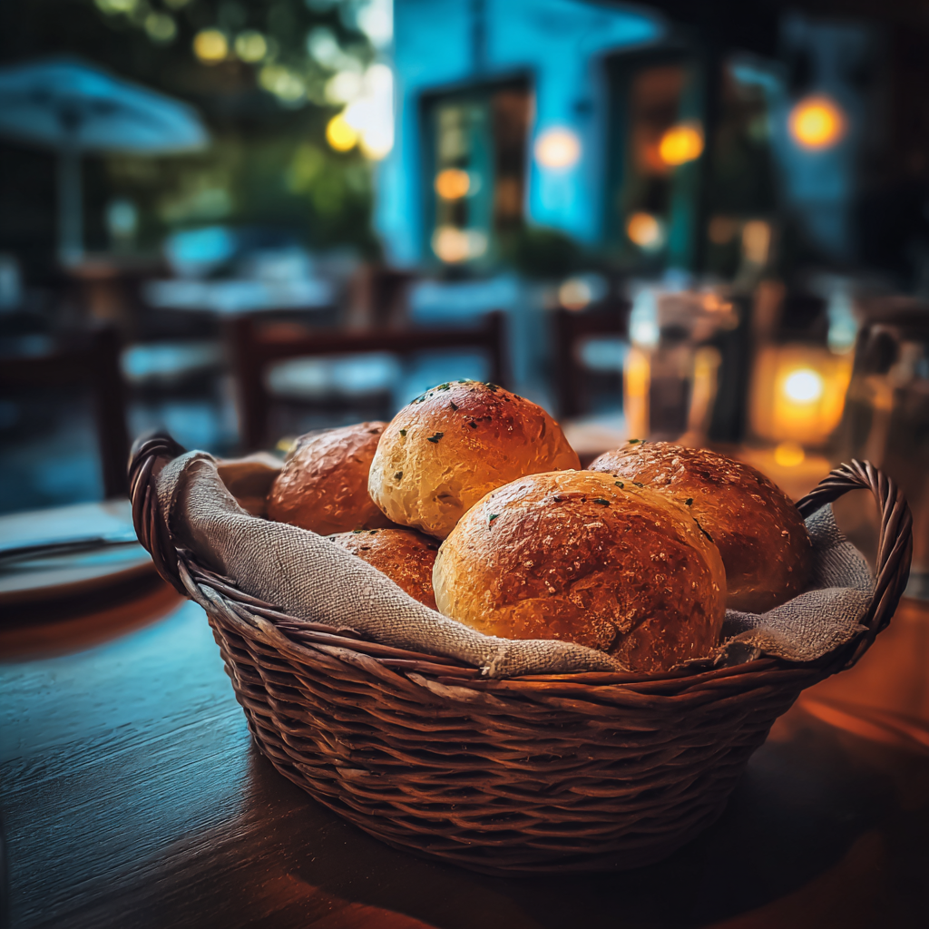 A basket of bread rolls on a table | Source: Midjourney