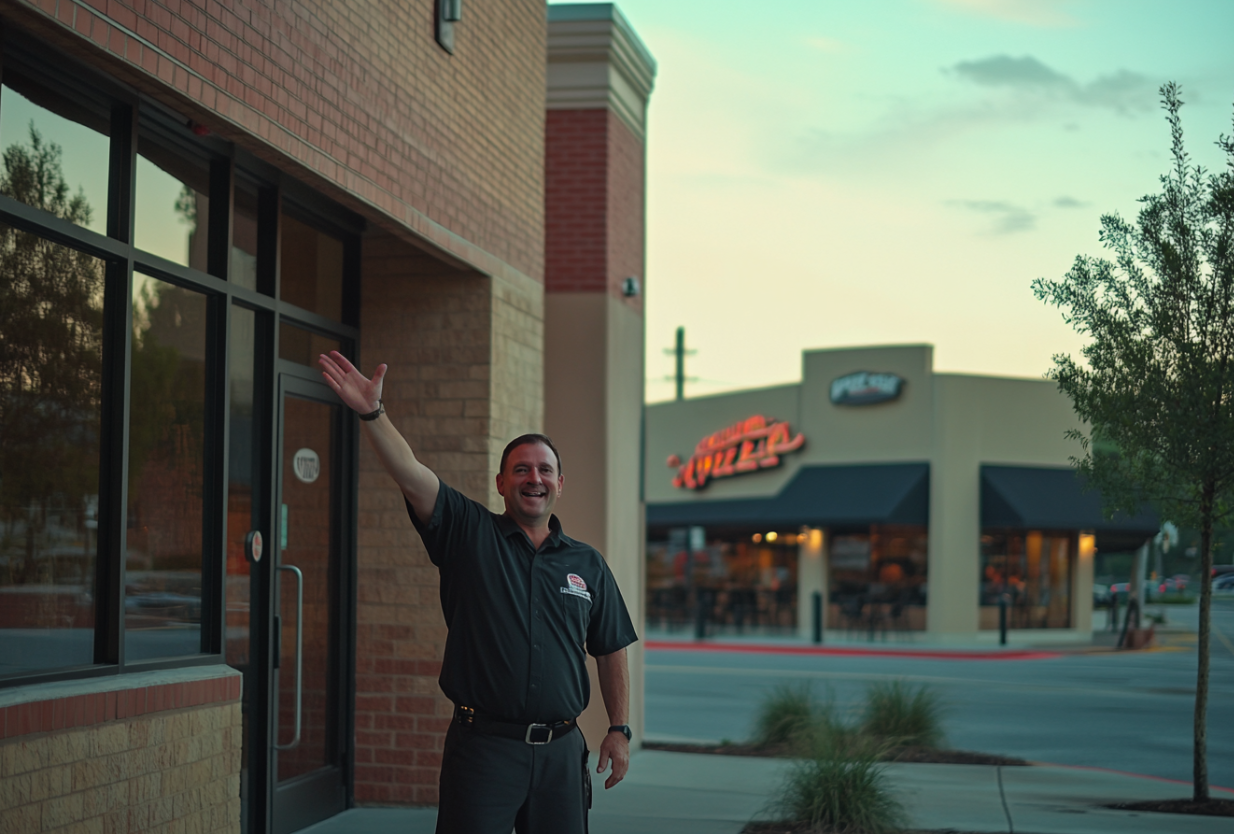 A man standing outside a pizzeria | Source: Midjourney