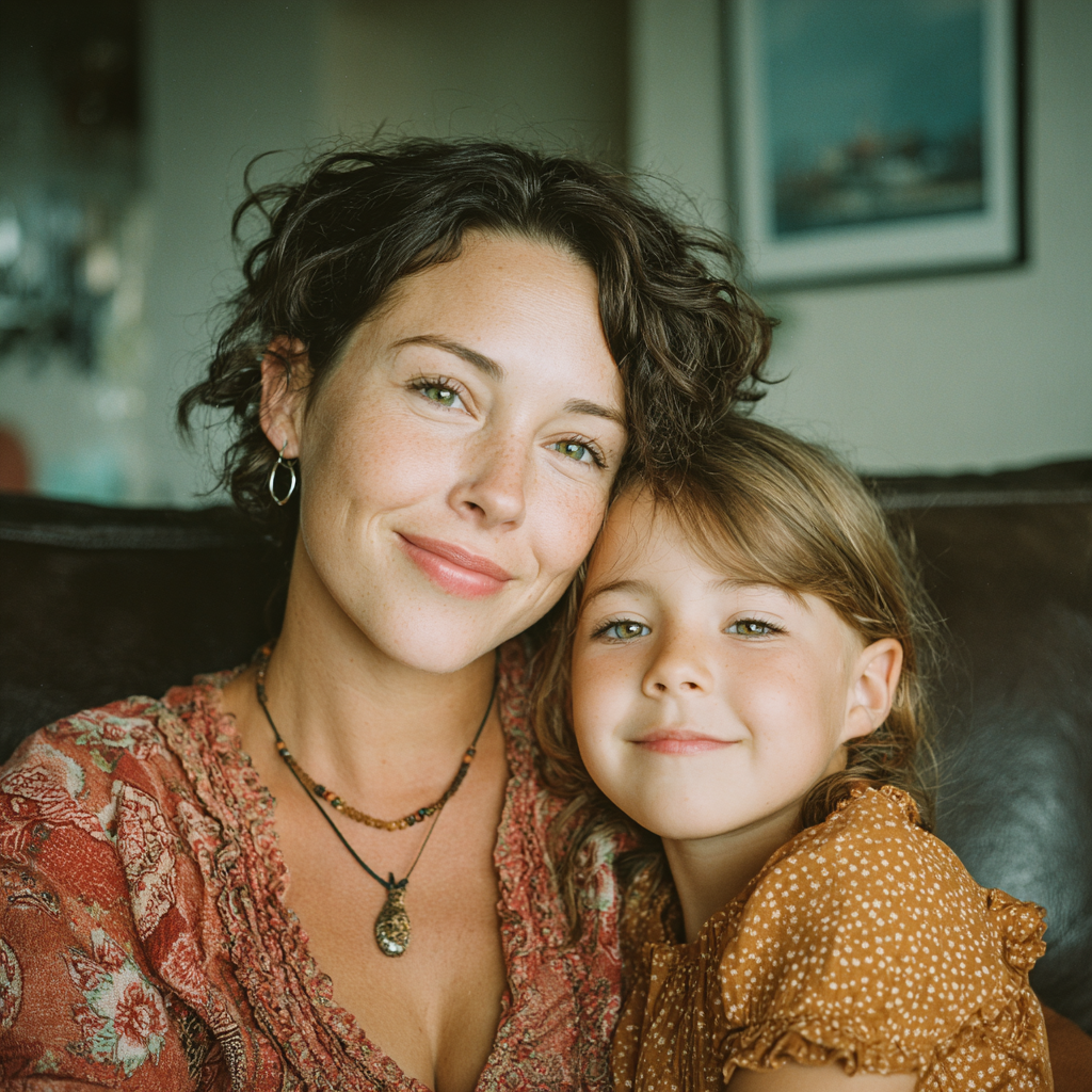 A happy little girl leaning against a woman | Source: Midjourney