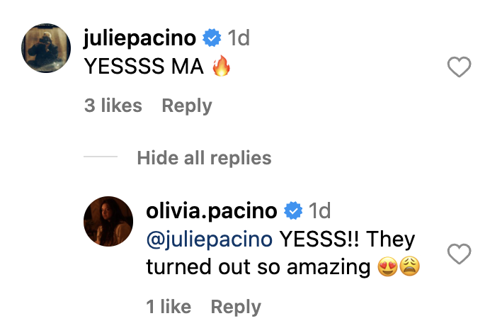 Julie Pacino's comment on her sister Olivia's Instagram photo | Source: Instagram.com/olivia.pacino
