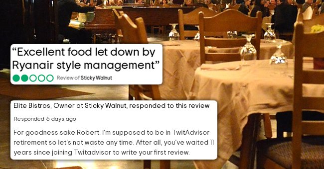 An online review written by a customer who ate at a restaurant coupled with a response from the owner with a picture of a restaurant in the background. | Source: pixabay.com/hsojhsoj; tripadvisor.co.uk