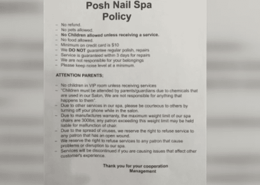 The safety policy of the POSH Nail Spa II in Columbia, South Carolina | Photo: WACH FOX 57