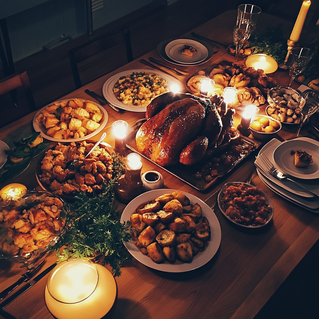 A Thanksgiving dinner spread on a table | Source: Midjourney