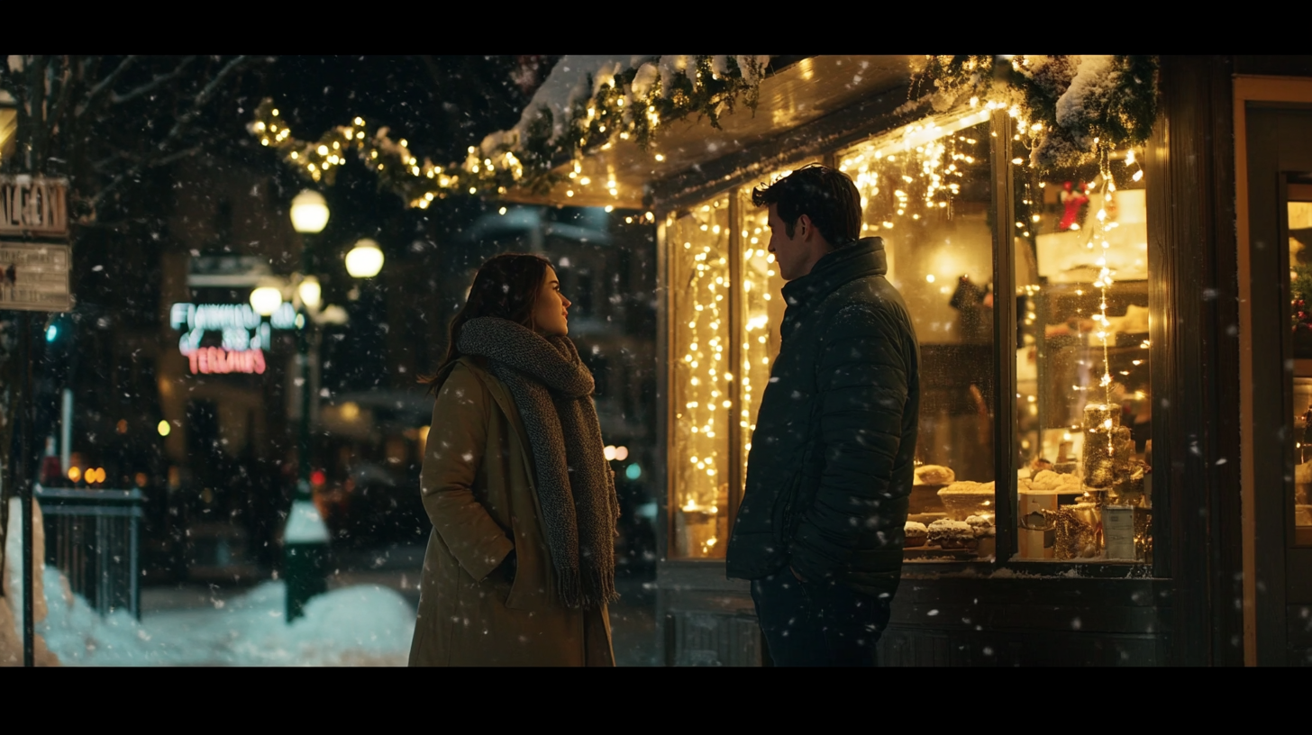 Couple chatting on a street decorated for Christmas | Source: Midjourney