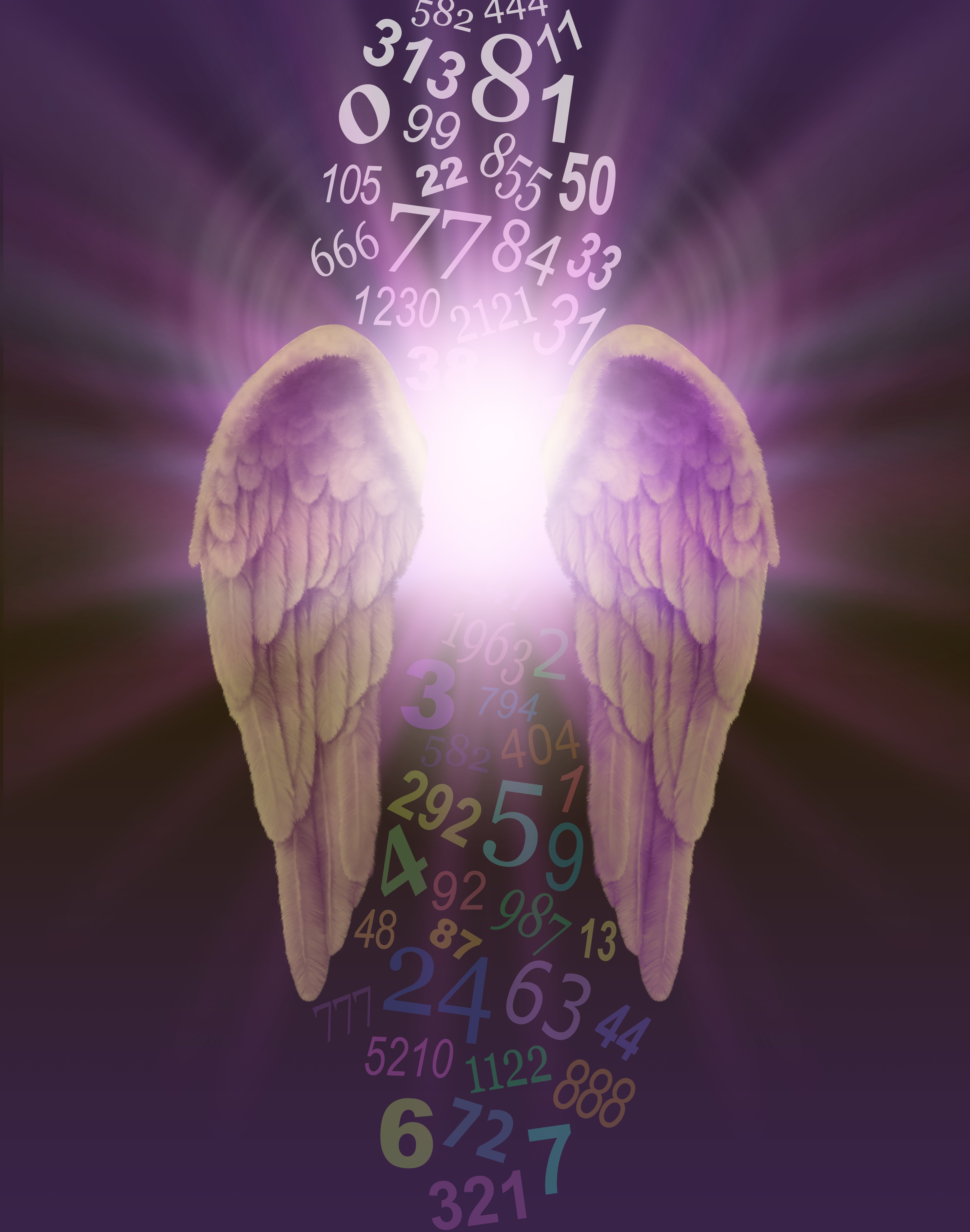 Angel wings are connected by an orb of light against a galactic background with different angel number sequences | Source: Shutterstock