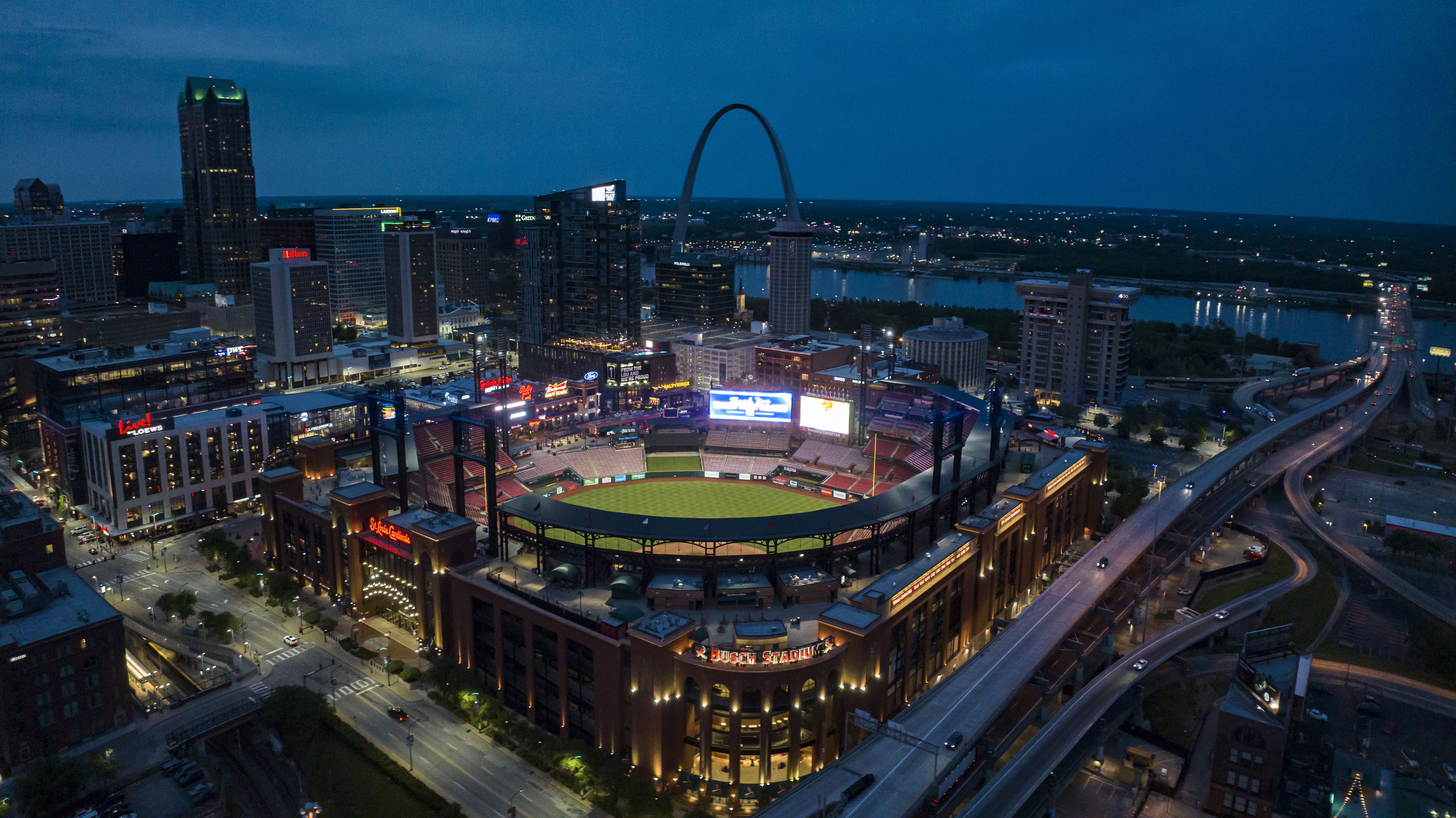 A view of Busch Stadium, the St. Louis skyline, Gateway Arch and Mississippi River in St. Louis, Missouri in 2023. | Source: Getty Images