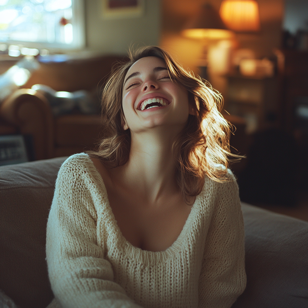 A young woman laughing hysterically | Source: Midjourney