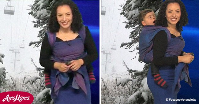 Meteorologist starts weather report and stuns viewers with sleepy guest worn on her back