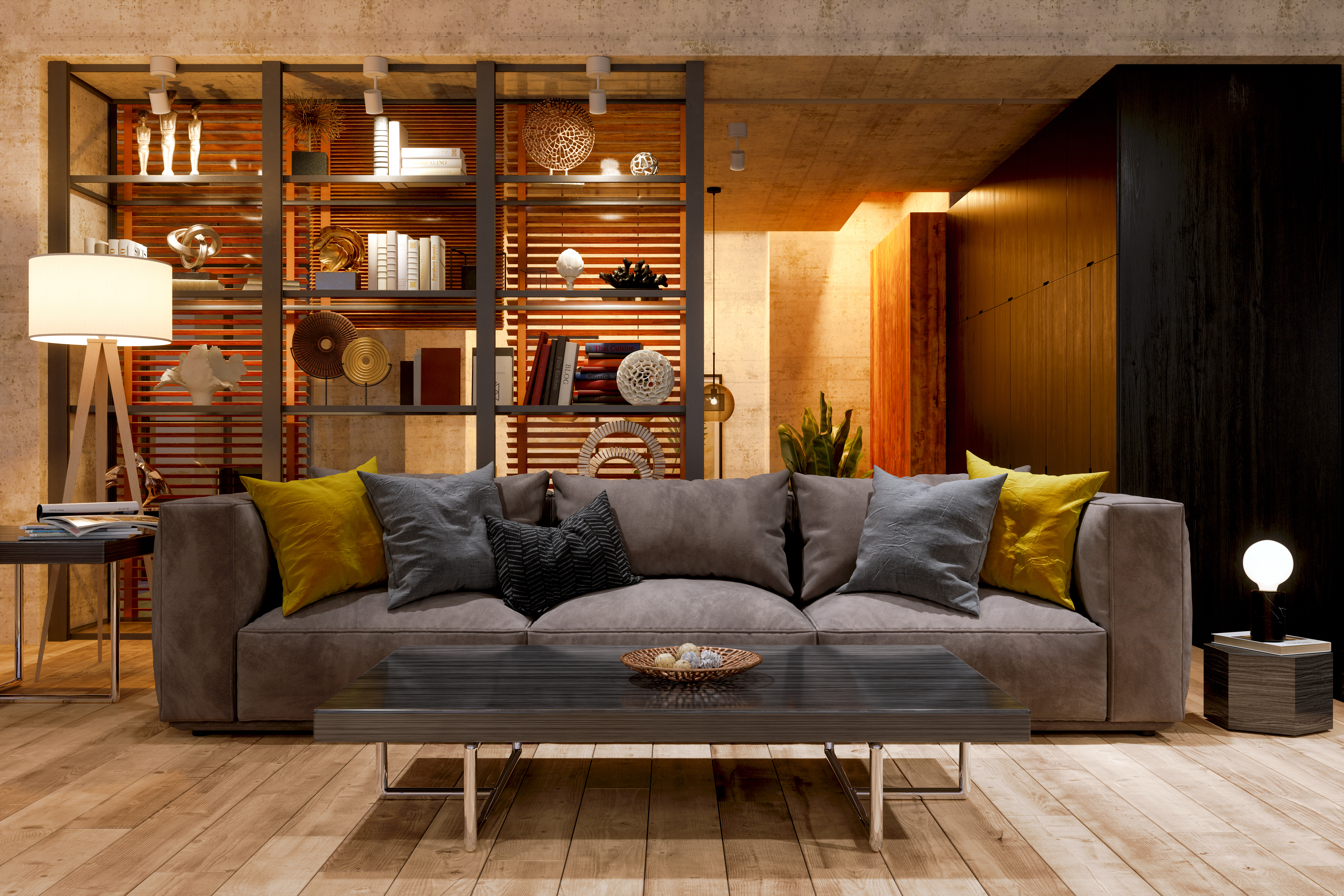 Luxury Living Room At Night With Sofa, Floor Lamp And Parquet Floor. | Source: Getty Images