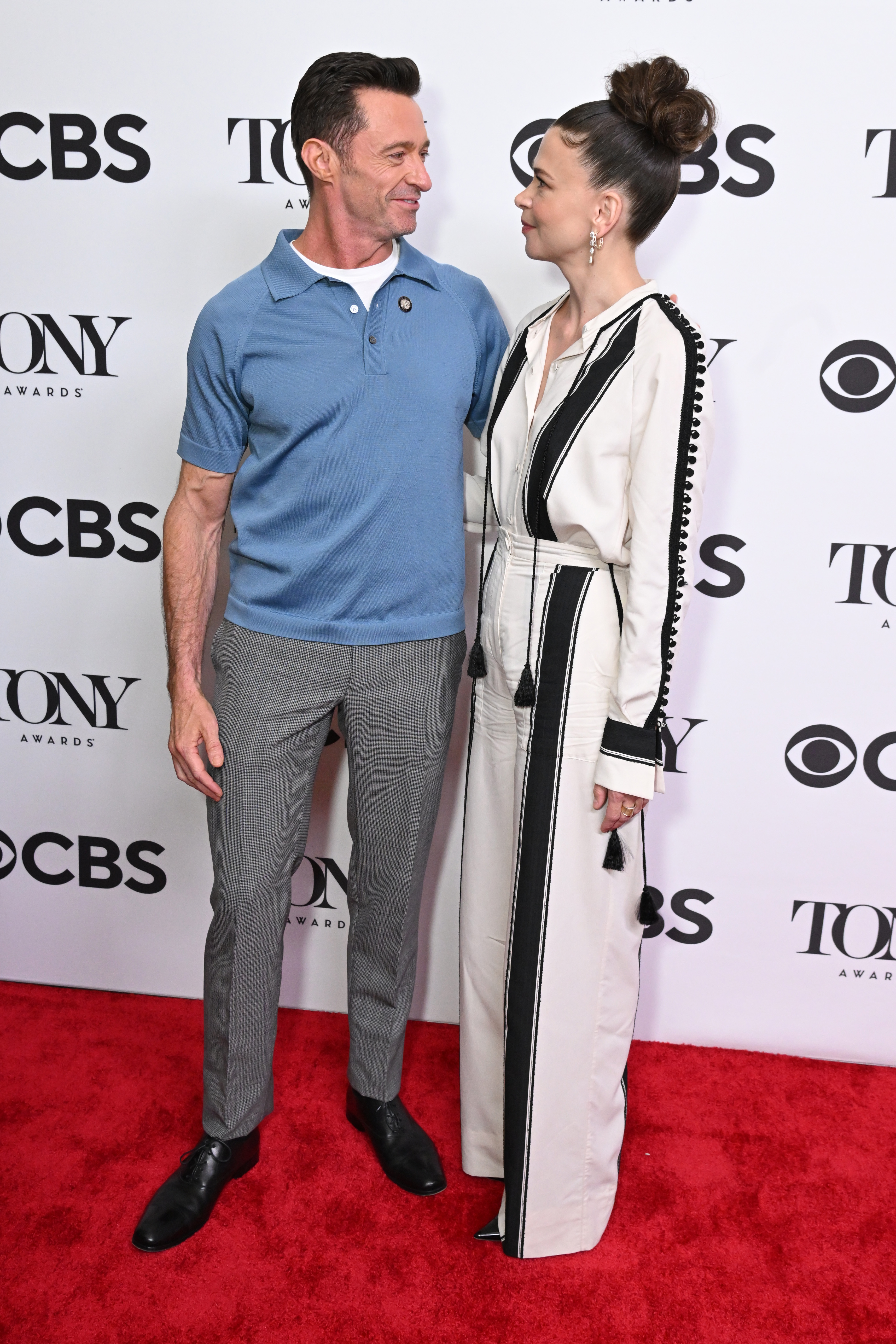 Hugh Jackman and Sutton Foster attend the 75th Annual Tony Awards Meet The Nominees Press Event at Sofitel New York in New York City, on May 12, 2022. | Source: Getty Images