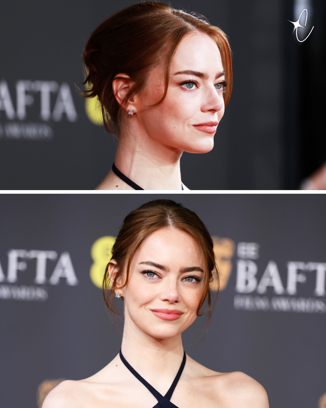 Emma Stone captivates in a sleek black halter gown, her softly styled auburn updo and delicate diamond studs adding refined polish to the bold neckline and sculpted shoulders | Source: Getty Images