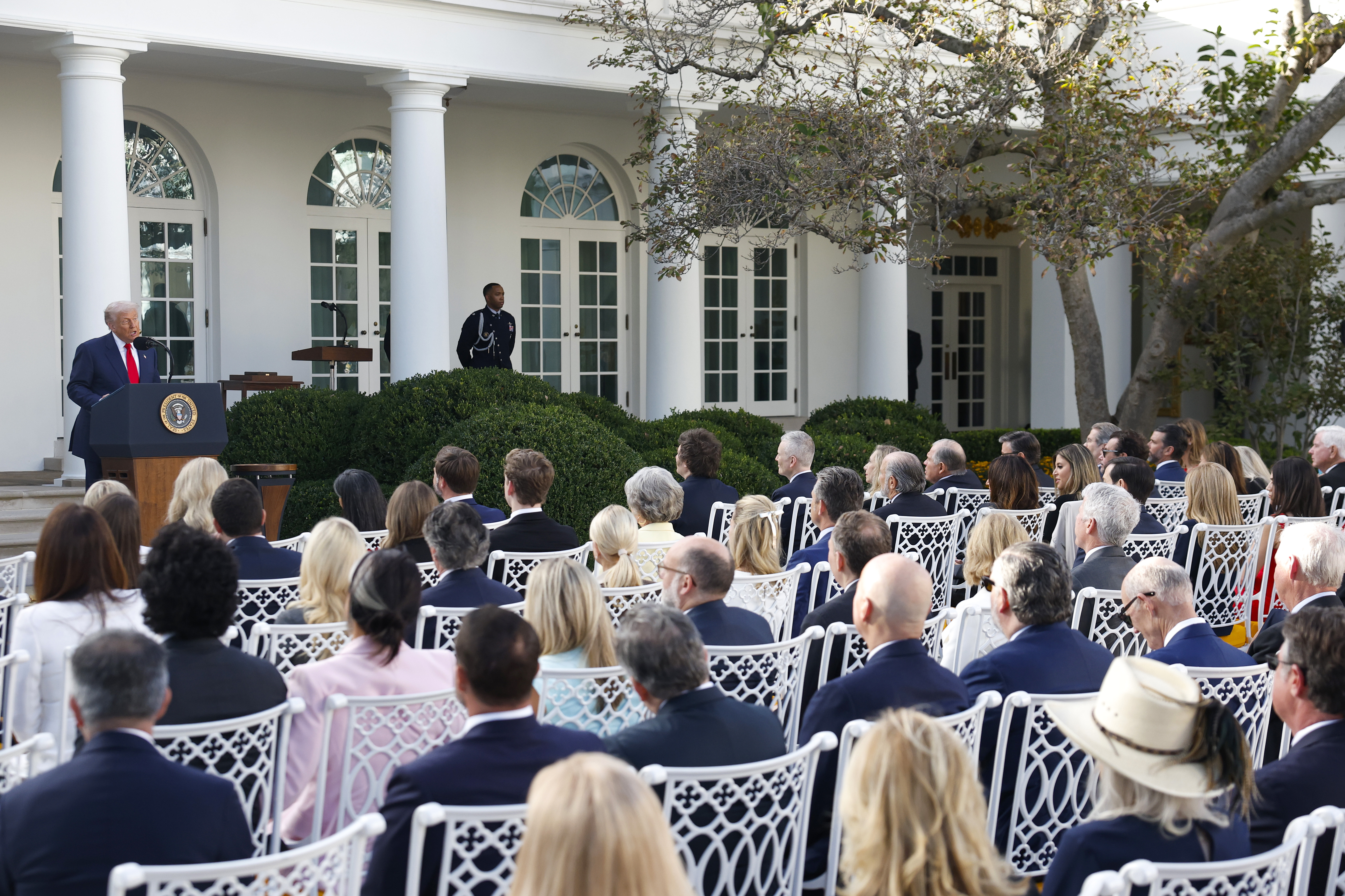Donald Trump speaks as he posthumously awards the Presidential Medal of Freedom to late conservative activist Charlie Kirk during a ceremony on October 14, 2025 in Washington, DC | Source: Getty Images