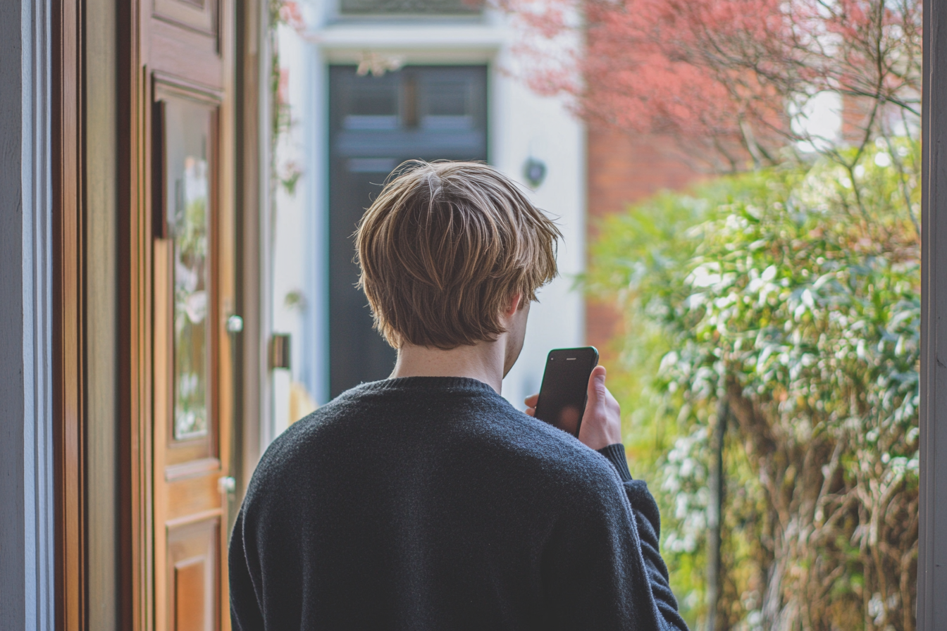 A man exiting a house while dialing a number on his phone | Source: Midjourney