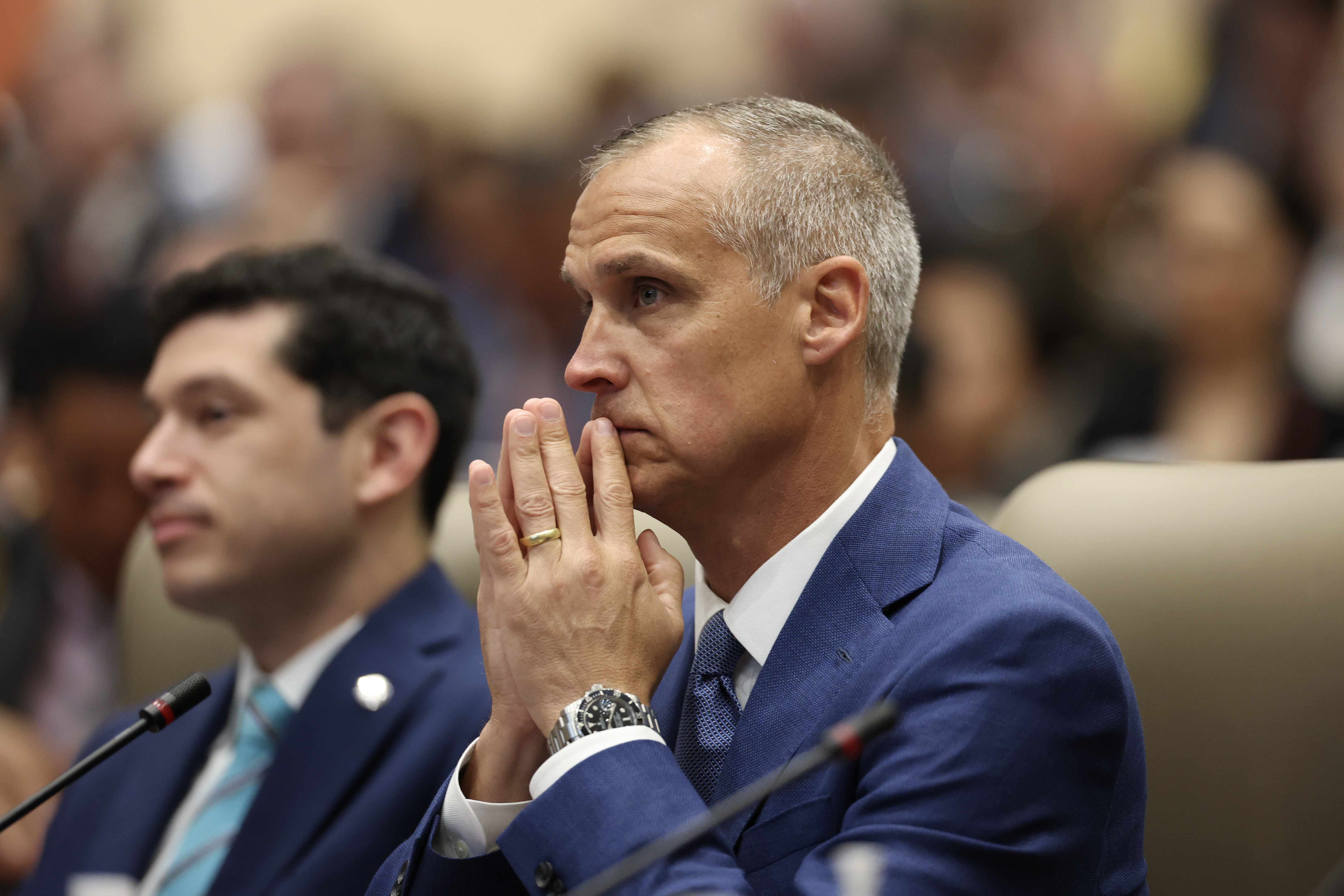 Corey Lewandowski looks on during the inaugural Americas Counter Cartel Conference in Doral, Florida on March 5, 2026. | Source: Getty Images