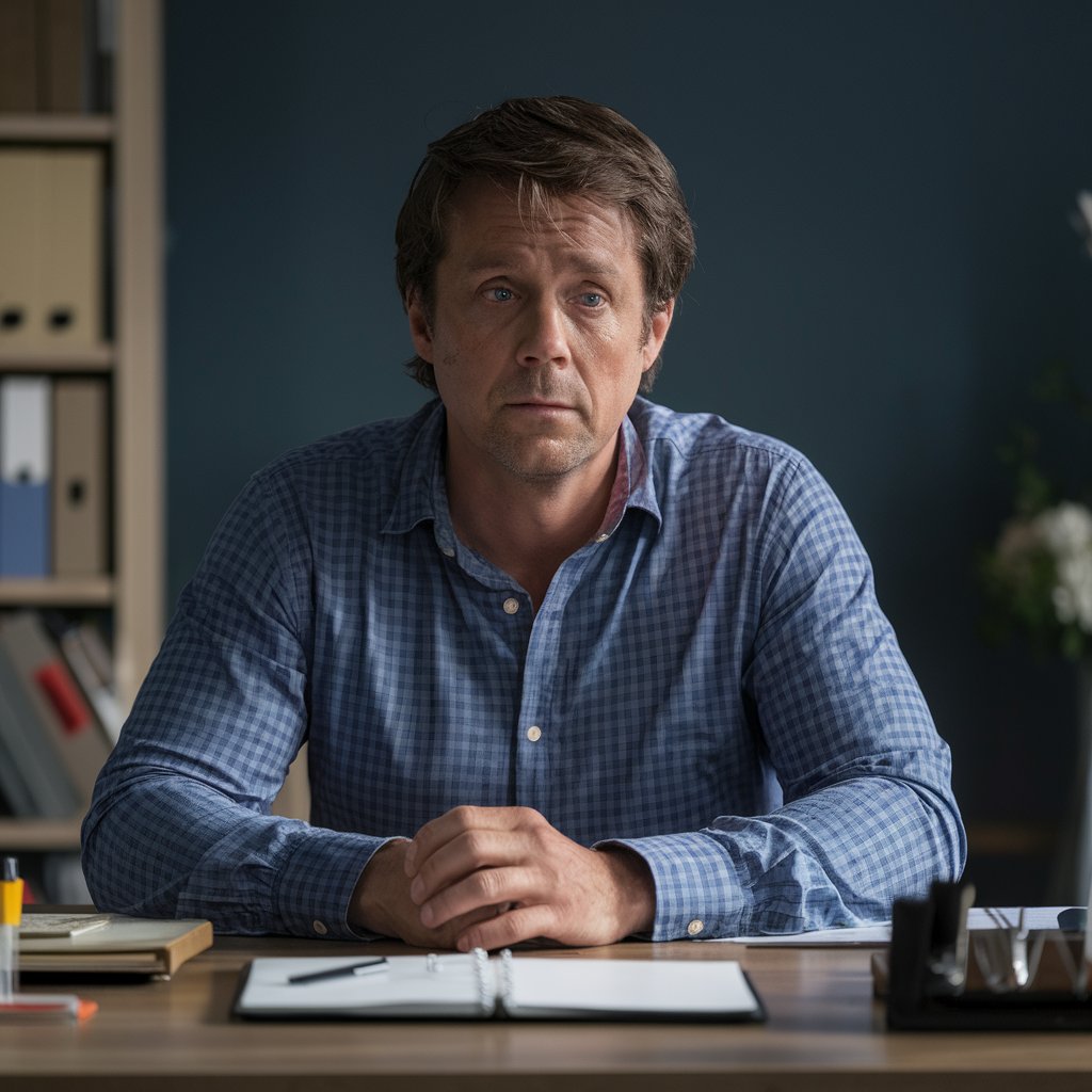 A sad-looking man sitting at a home office desk | Source: Midjourney