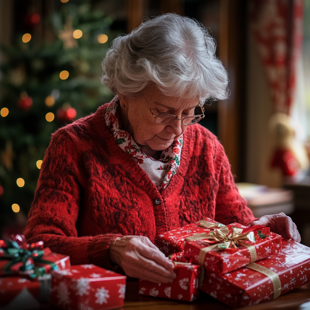 An elderly woman packing Christmas gifts | Source: Midjourney