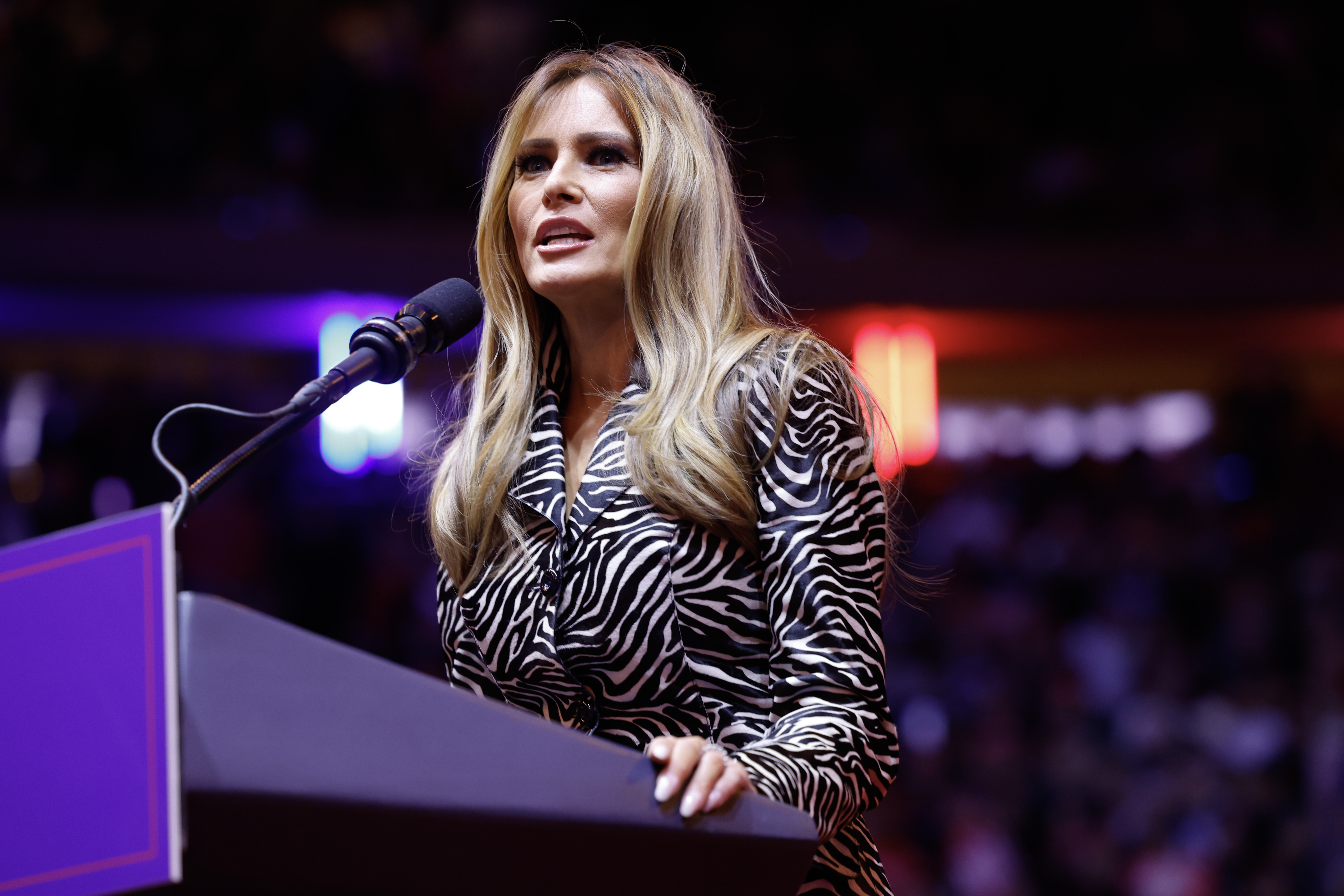 Melania Trump speaking during a campaign rally in New York City on October 27, 2024. | Source: Getty Images