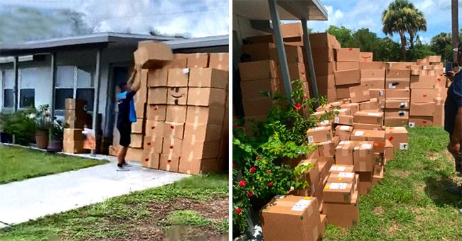A picture of an Amazon employee stacking boxes on the left and a picture of a large number of Amazon boxes on the left. │ Source: tiktok.com/cassie5616