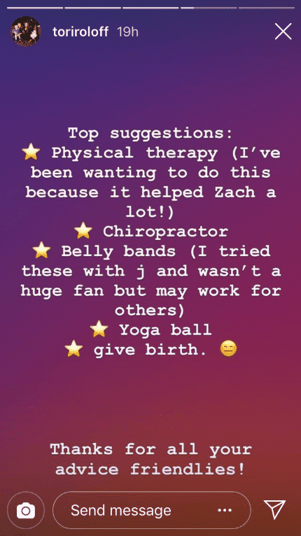 Some pain relief remedies suggested by Tori's fans for "pubic symphysis." | Source: Instagram stories: https://www.instagram.com/toriroloff