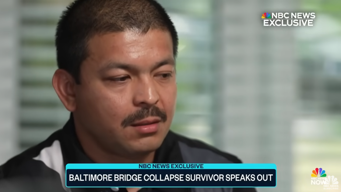 Julio Cervantes Suarez speaks to NBC News' Tom Llamas, detailing his survival and experience during the deadly Baltimore bridge collapse on March 26, in an interview posted on July 11, 2024. | Source: YouTube/NBCNews