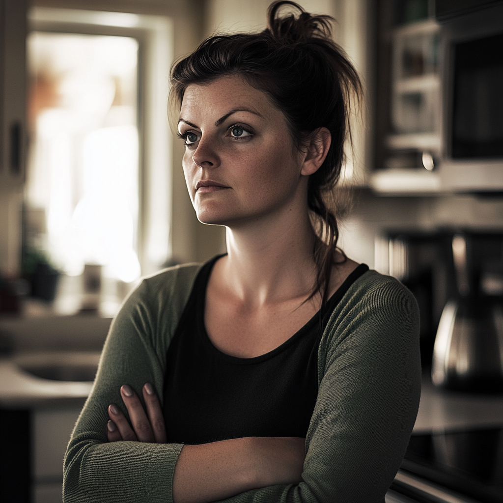 A woman looks serious while standing in the kitchen and looking at someone | Source: Midjourney