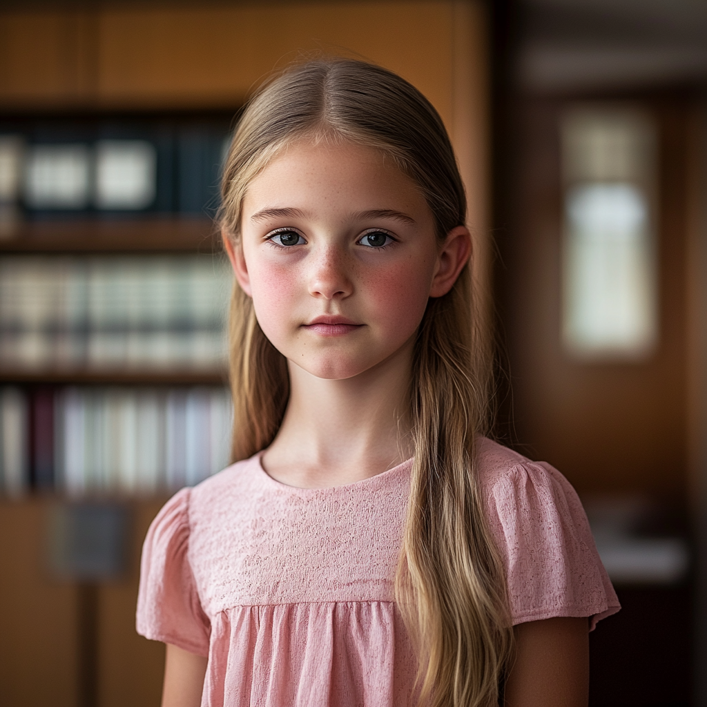 A 13-year-old girl standing in a lawyers office | Source: Midjourney