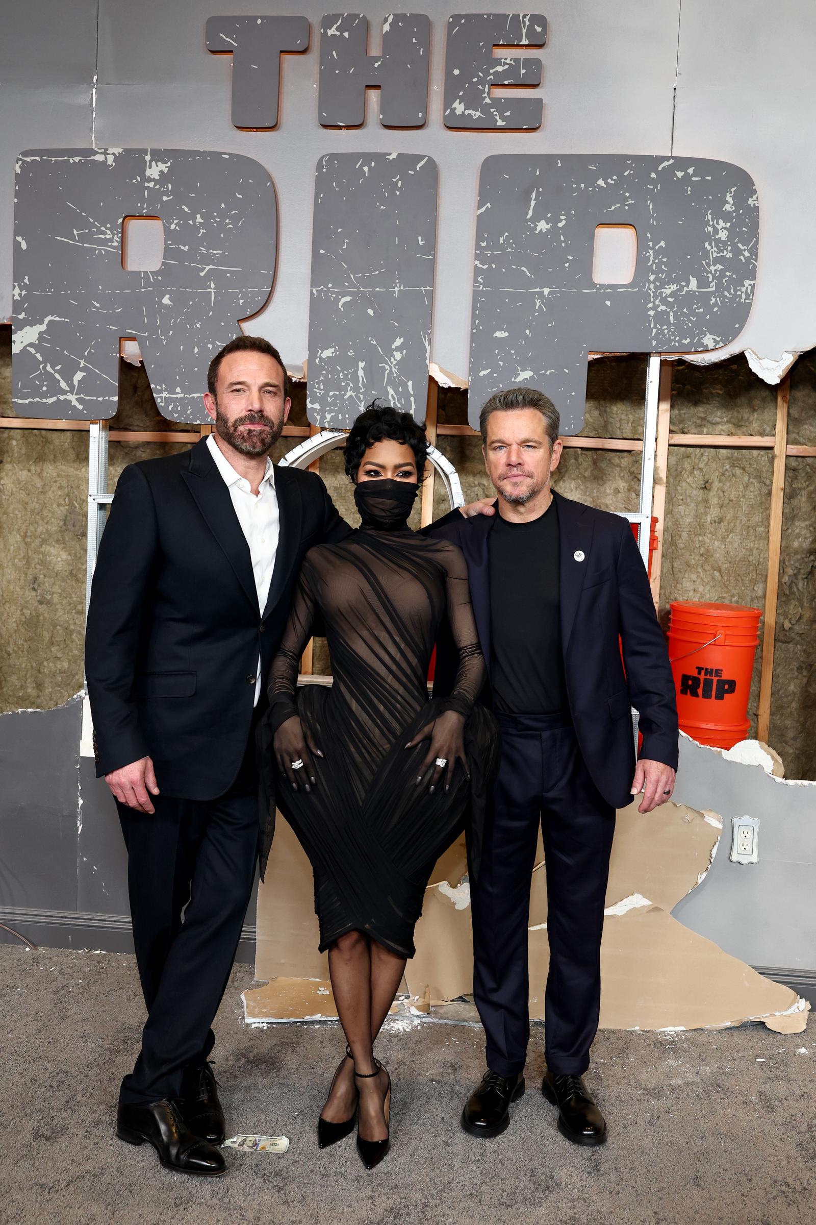 Ben Affleck, Teyana Taylor, and Matt Damon attend Netflix's "The Rip" New York Premiere at Alice Tully Hall, Lincoln Center on January 13, 2026. | Source: Getty Images