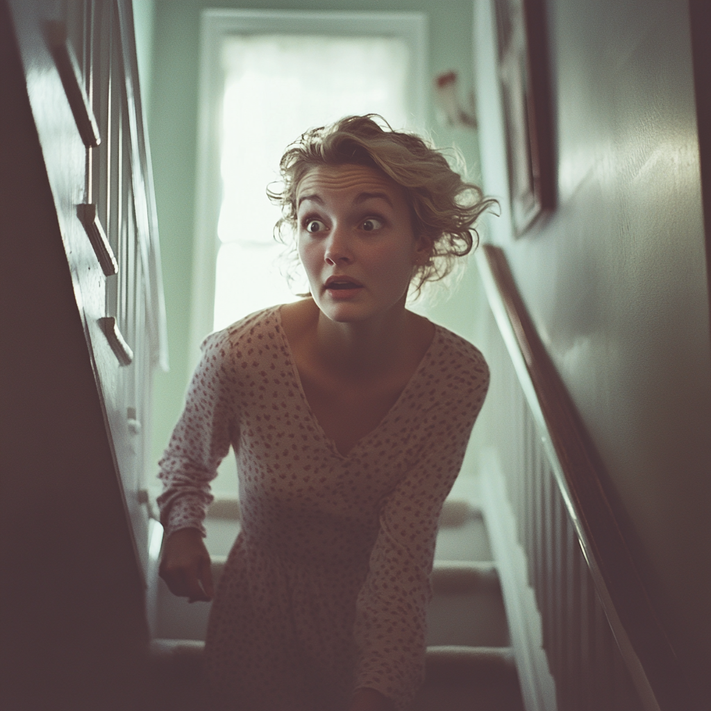 An upset woman rushing down the stairs | Source: Midjourney