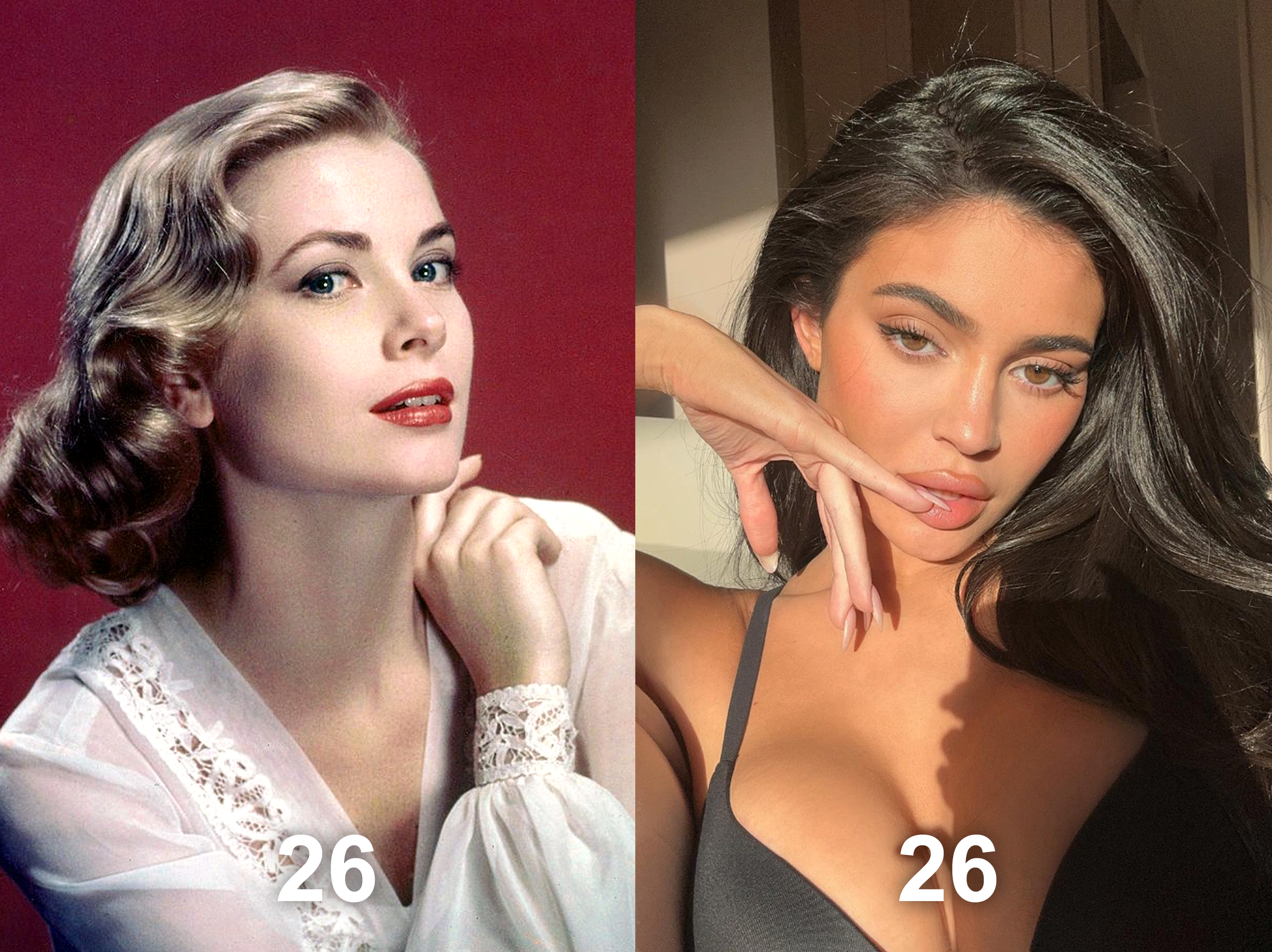 Grace Kelly, 1955 | Kylie Jenner, 2023 | Source: Getty Images | Instagram/kyliejenner