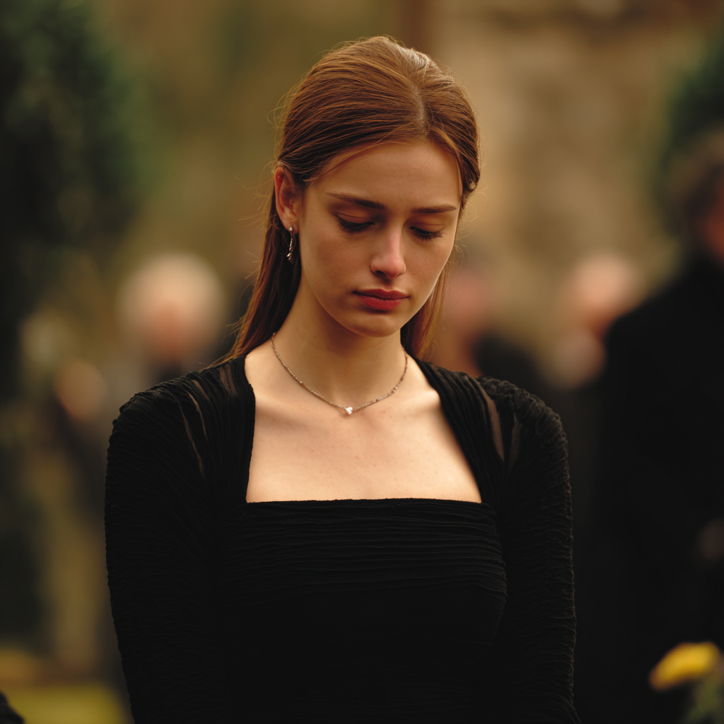 A young woman wearing a black dress at a cemetery | Source: Midjourney