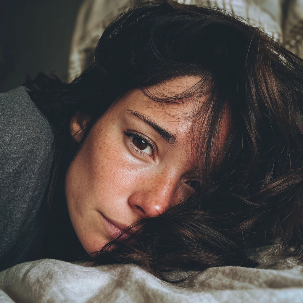 A close-up of a woman lying in her bed | Source: Midjourney