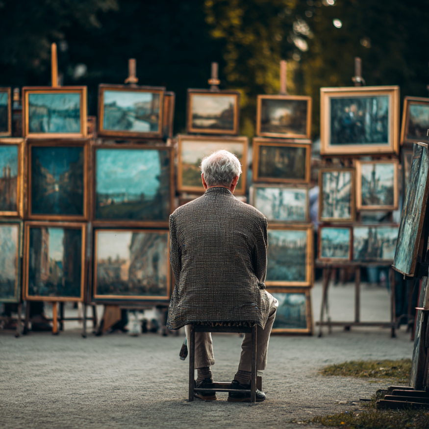 A man sitting in front of his paintings in a park | Source: Midjourney