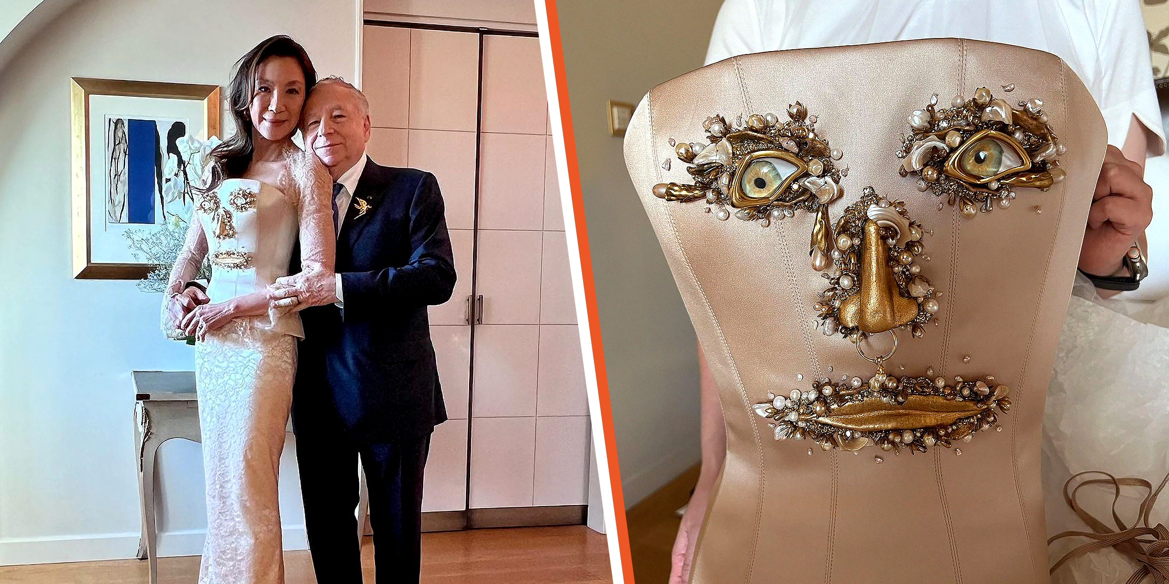 Michelle Yeoh and Jean Todt | The Schiaparelli Face of Happiness dress. | Source: Instagram/michelleyeoh_official