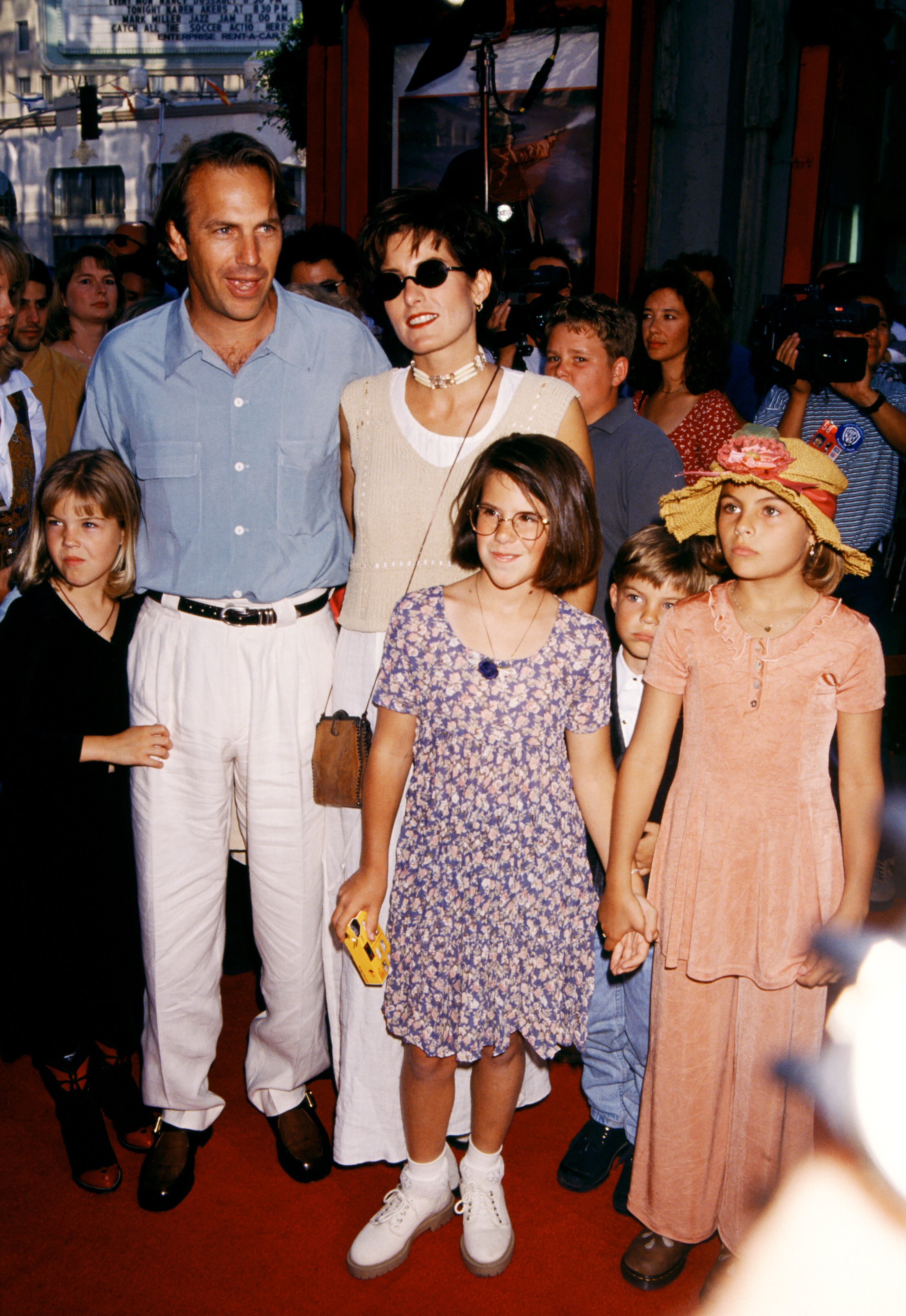 Actor Kevin Costner poses for a portrait with his ex-wife and children Cindy Costner, Annie, Lily and Joe arrive for the "Wyatt Earp" Hollywood Premiere on June 18, 1994 at the Mann's Chinese Theater in Hollywood, California. | Source: Getty Images