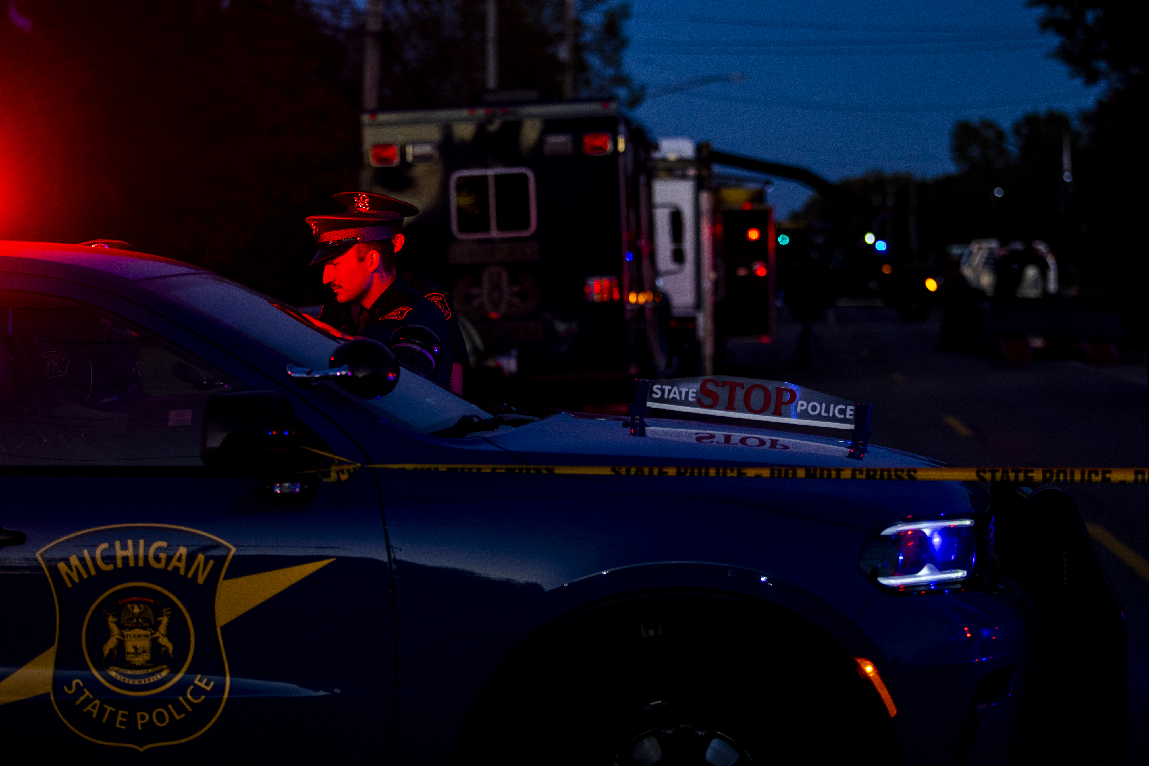 State Police patrol the street outside the shooting suspect's residence in Burton, Michigan on September 28, 2025 | Source: Getty Images