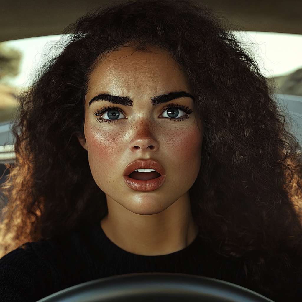 A shocked woman driving a car | Source: Midjourney