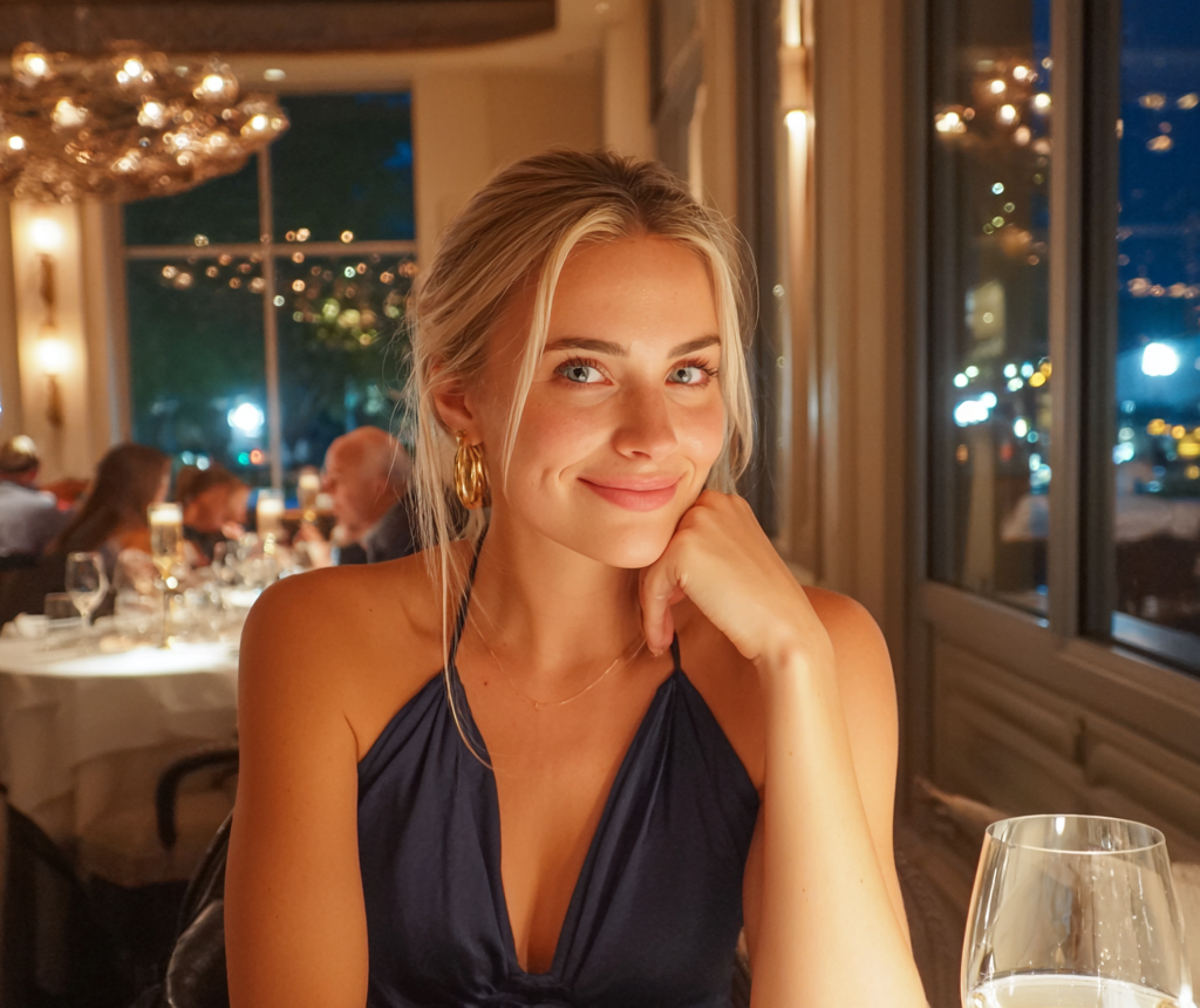 A smiling woman sitting at a table | Source: Midjourney