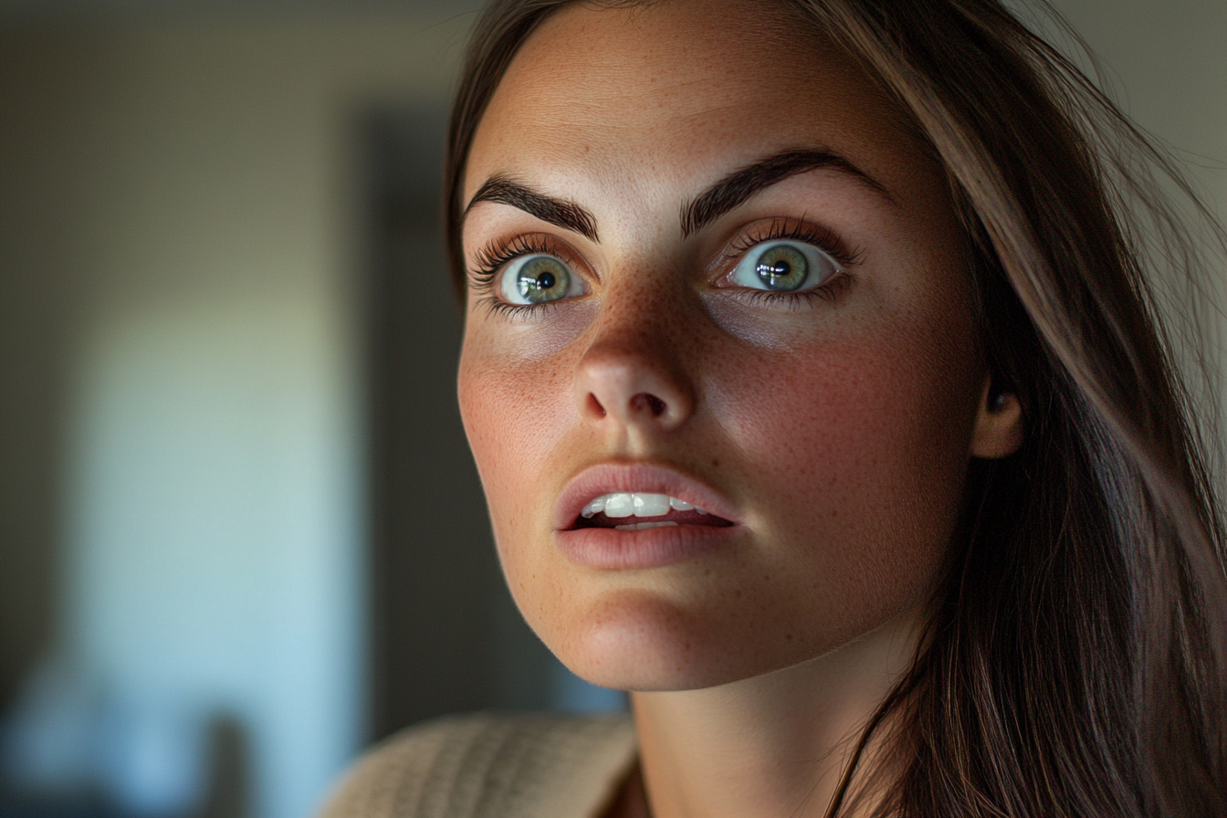 A woman looking at her house, shocked | Source: Midjourney