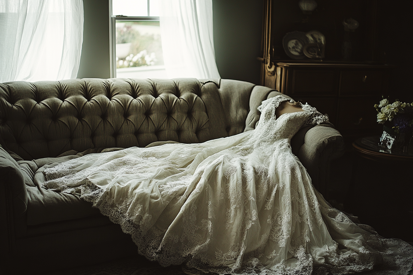 A wedding dress on a couch | Source: Midjourney