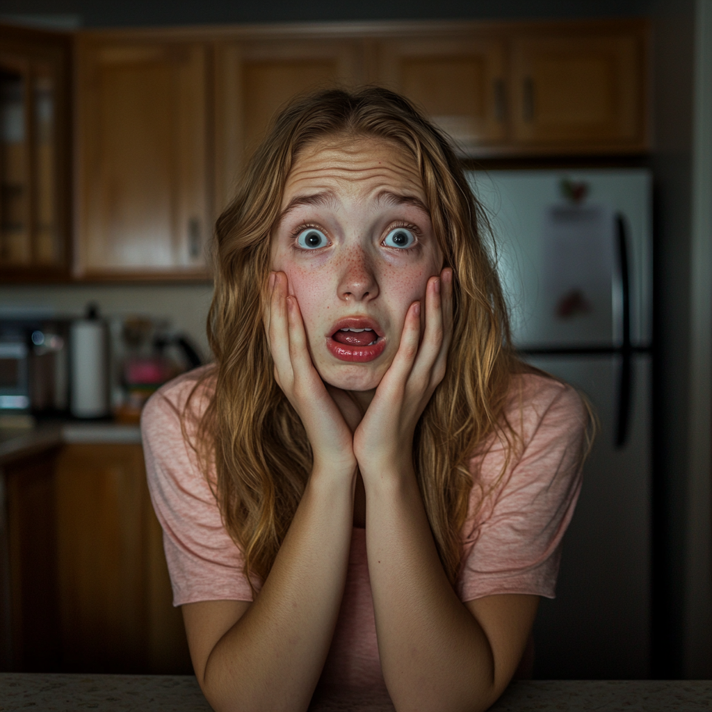 A shocked girl in her kitchen | Source: Midjourney