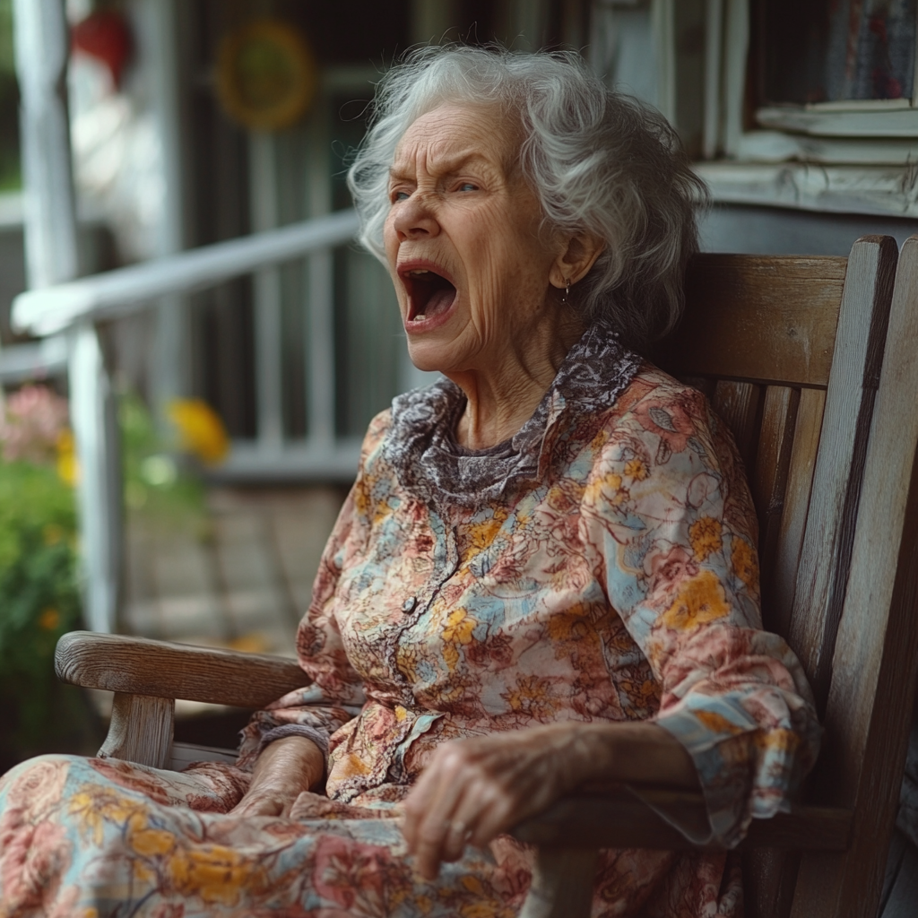 An elderly woman screaming on her porch | Source: Midjourney