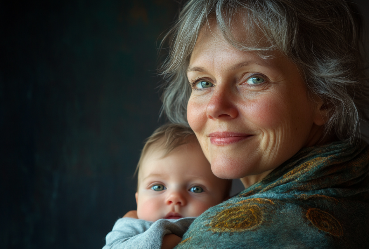 A mature woman holding her grandson | Source: Midjourney