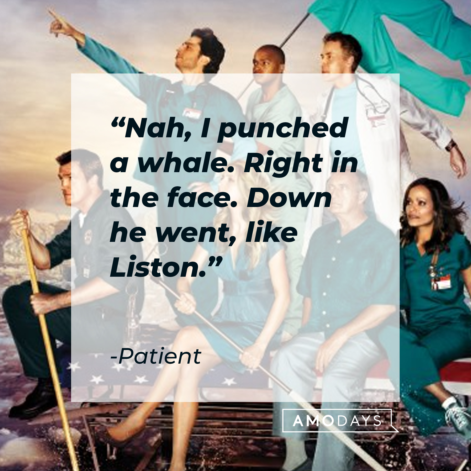 Multiple characters from ”Scrubs” with a patient’s quote: “Nah, I punched a whale. Right in the face. Down he went, like Liston.” | Source: Facebook.com/scrubs