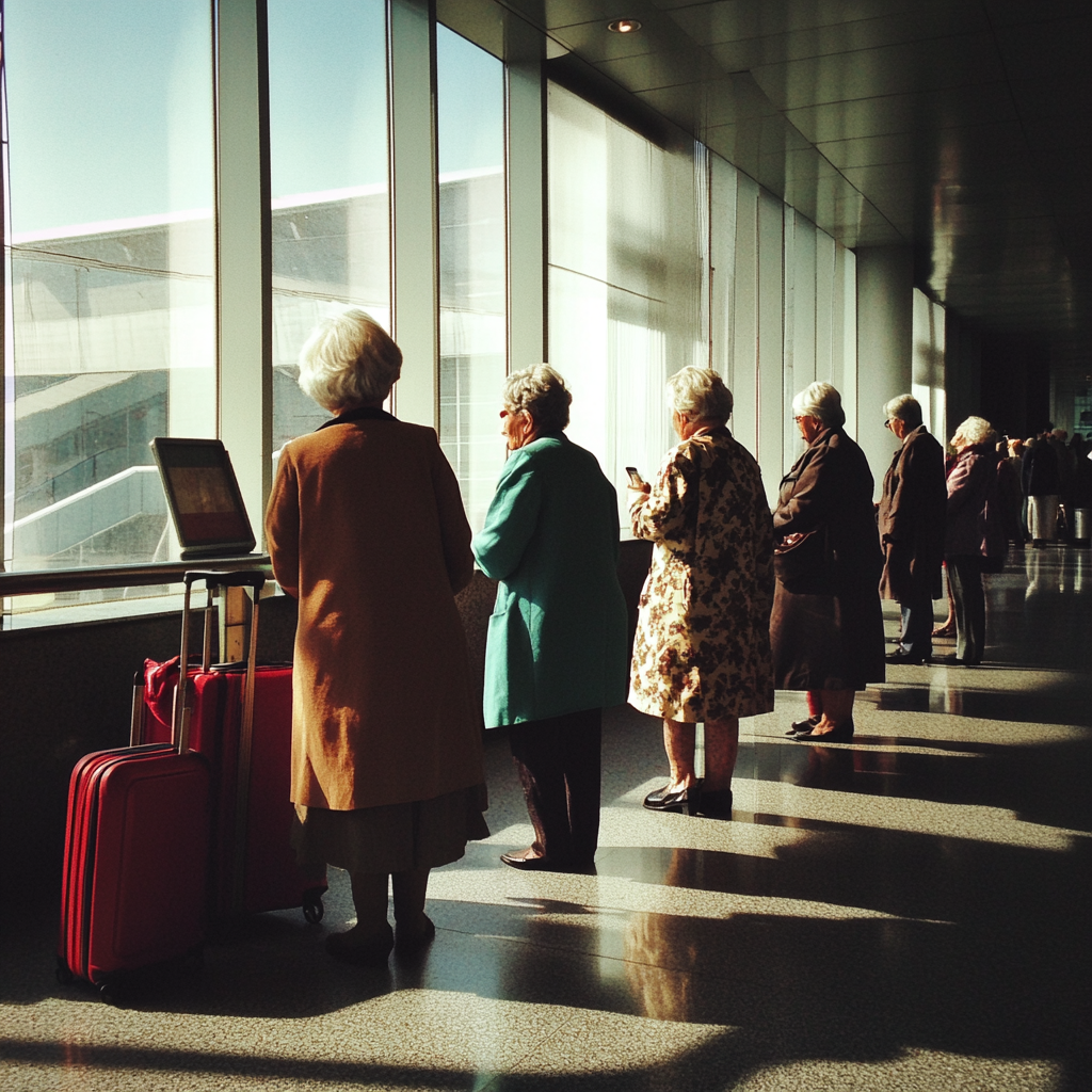 A row of grandmothers at an airport | Source: Midjourney