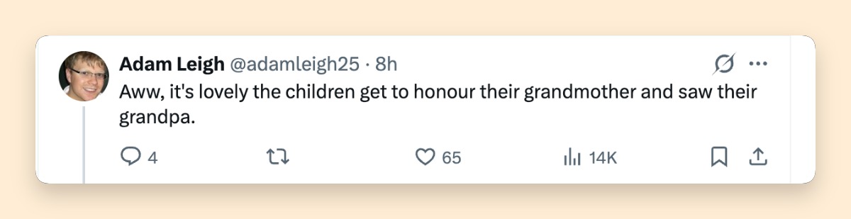 One viewer welcomed the apparent Althorp visit as an opportunity for Archie and Lilibet to honor Princess Diana. The comment reflected the supportive side of the divided reaction to Meghan's post. | Source: X/@adamleigh25