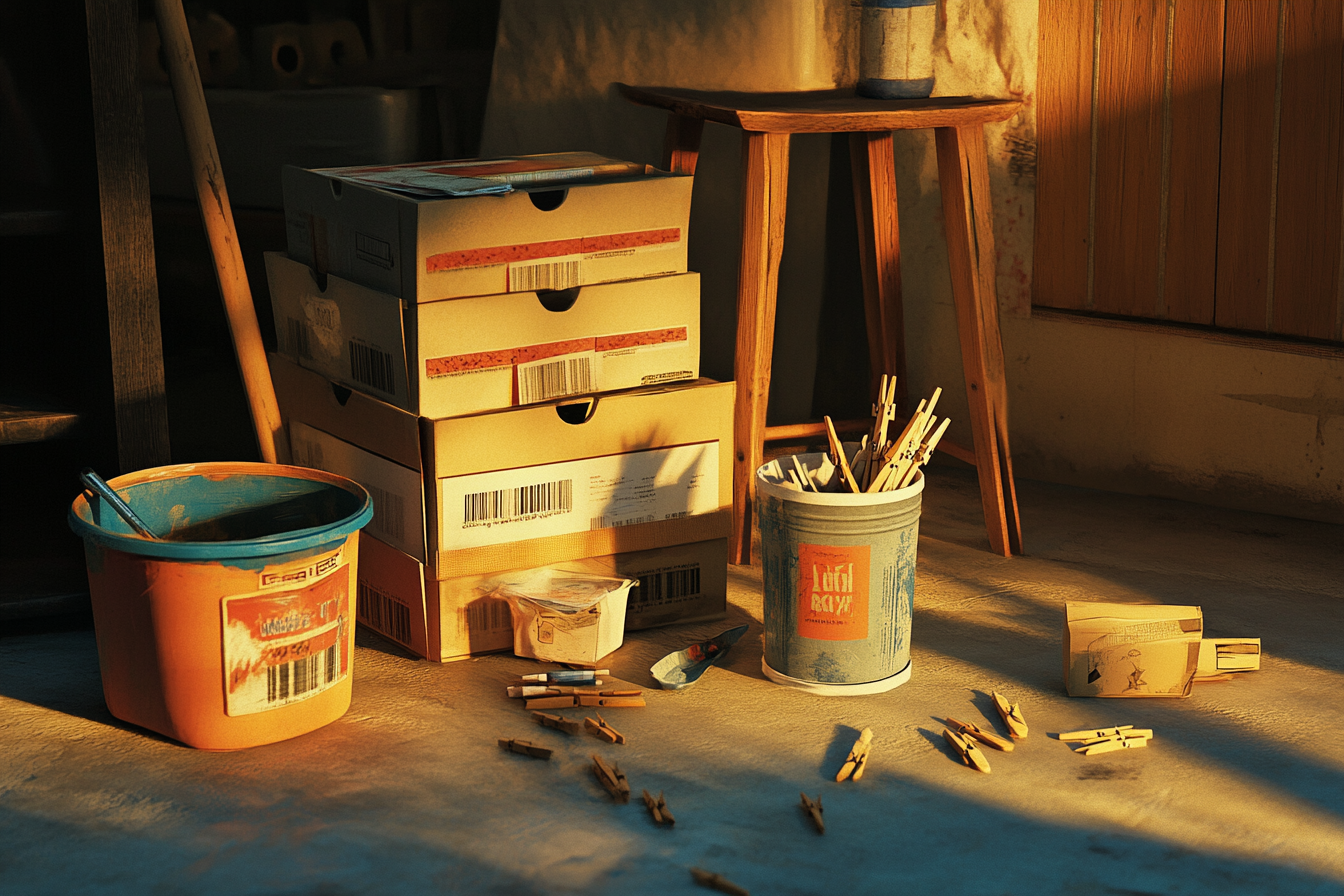 Shoeboxes, clothespins, and a bucket of paint on the floor | Source: Midjourney